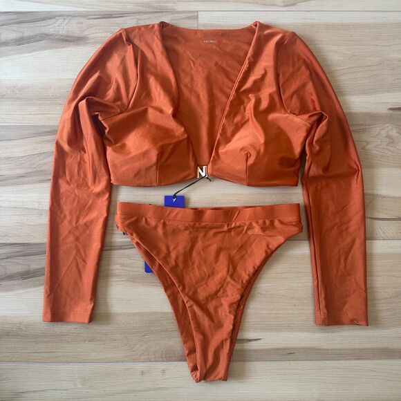 NELBLU Womens Inocencia Summatra Orange Shimmer 2 Piece L/S Swimsuit Size Medium - Picture 2 of 7